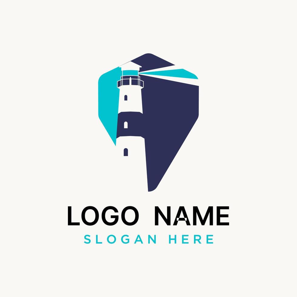 Logo design graphic concept creative premium stock badge pillar light house with rays boat beach island Related building sailor drakness bright vector