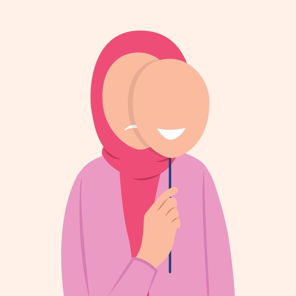 Sad woman is covering her face with a smiling mask. Concept good and bad mood illustration vector