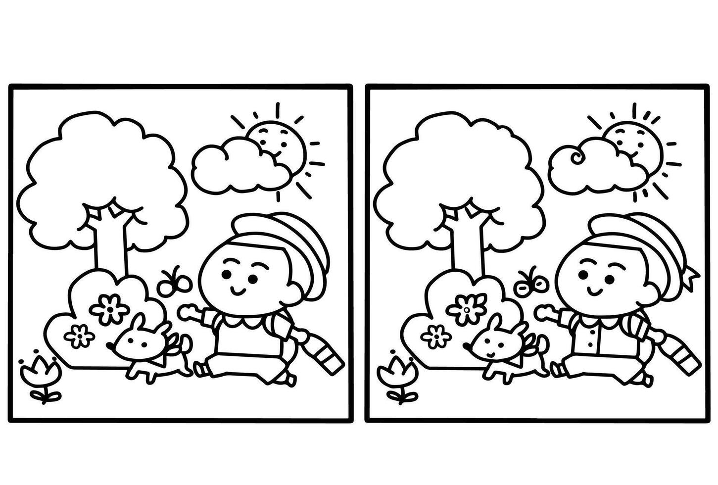 Kid walking in the garden, spot the different. vector