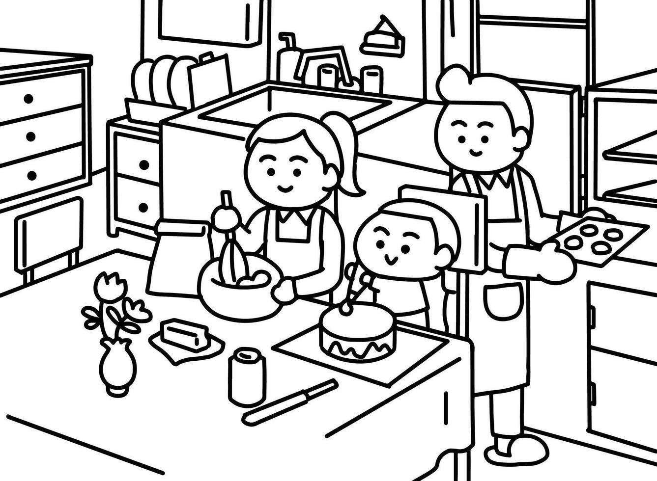 Family make some cake in the kitchen. vector