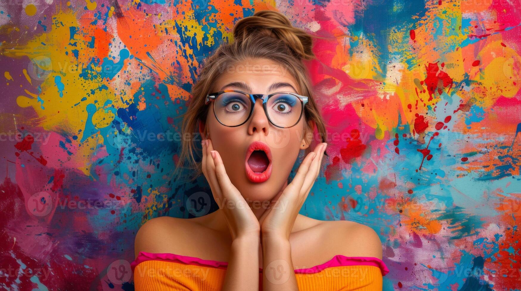 Astonished young woman with eyeglasses posing in front of a vibrant backdrop photo