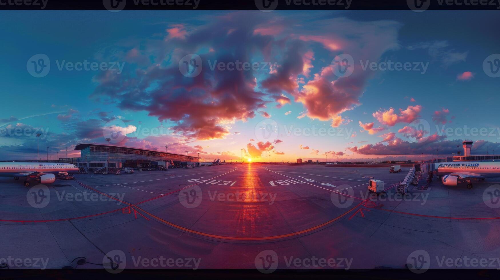 Airport at sunset, panoramic view with airplanes lined up on the runway photo