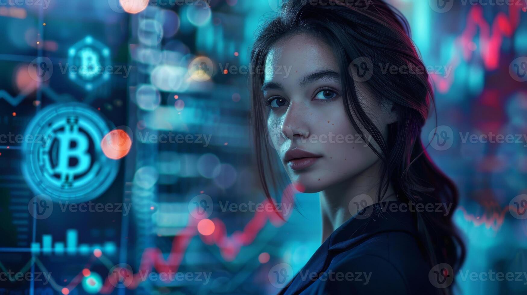 Young businesswoman is posing in front of a holographic screen displaying bitcoin symbols and market trends photo