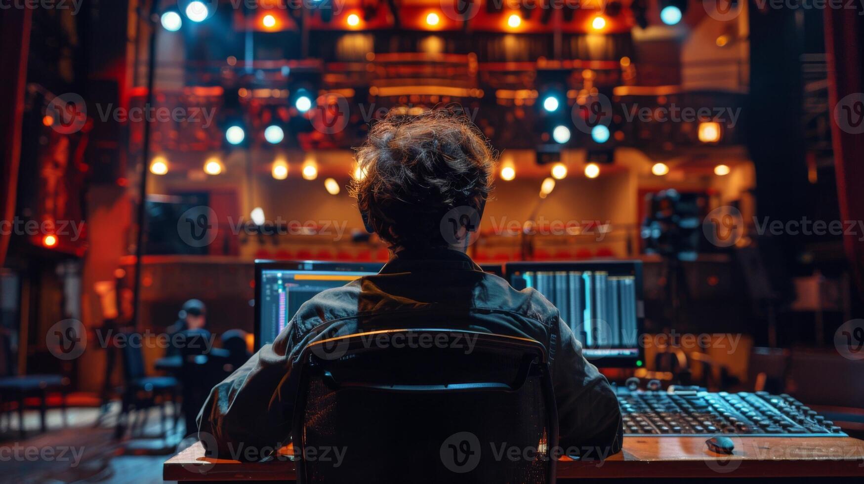 Sound engineer sitting in empty auditorium working on audio mixing console with computer photo