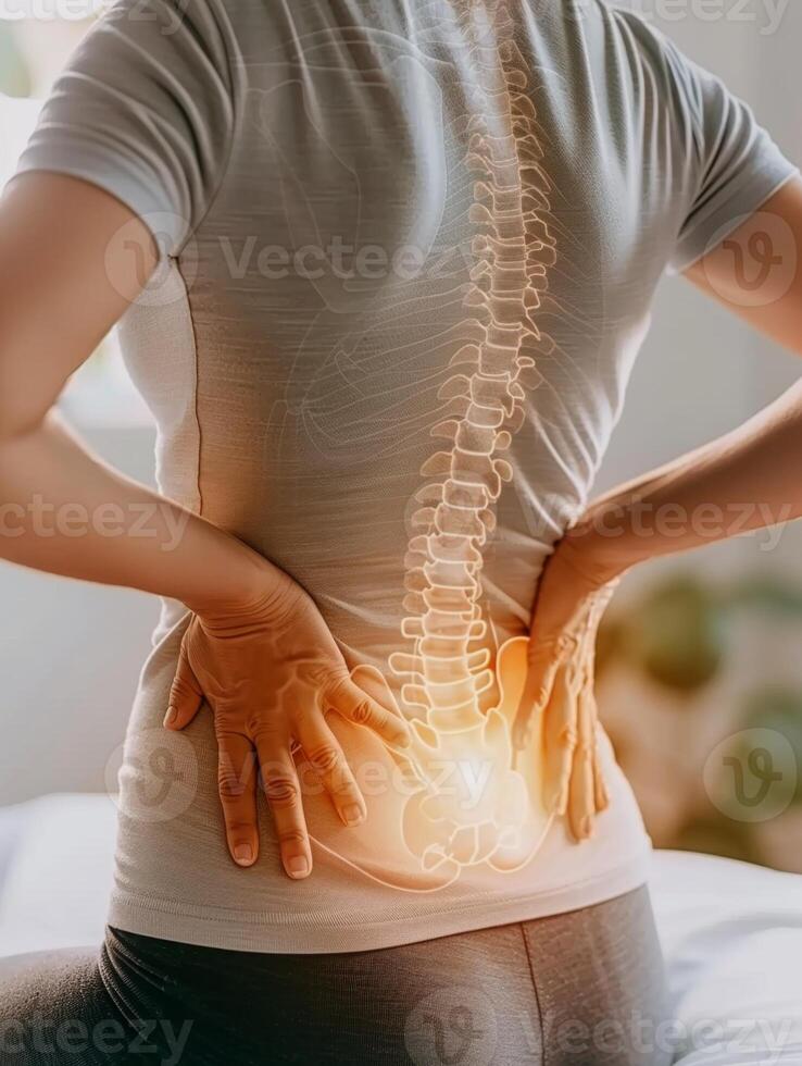 Woman suffering from backache with spine x ray highlighted photo