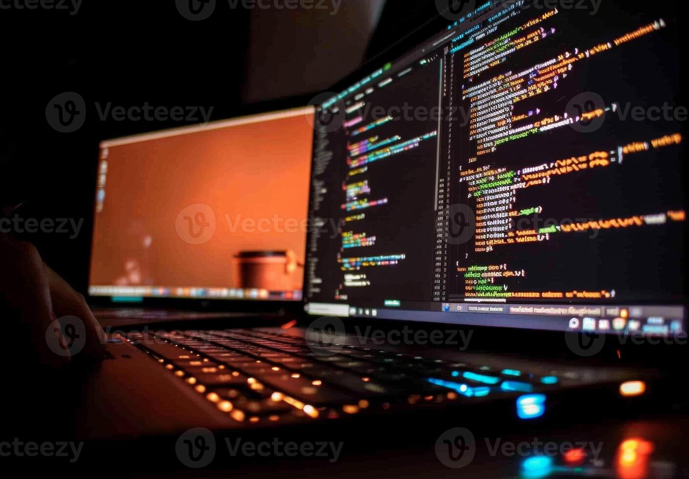 Software developer writing code on laptop keyboard at night photo