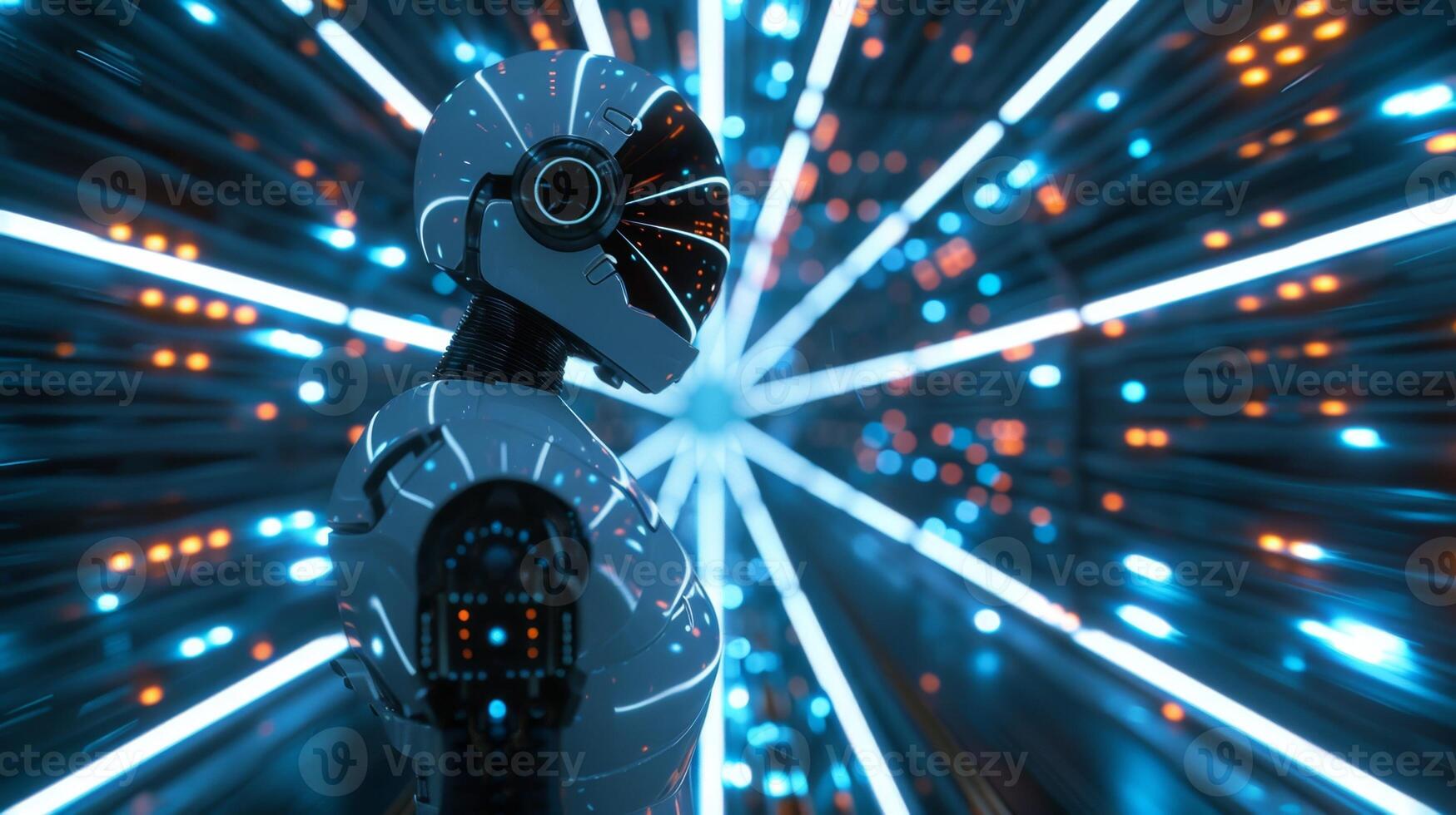 Robot standing at one end of a lighting tunnel photo