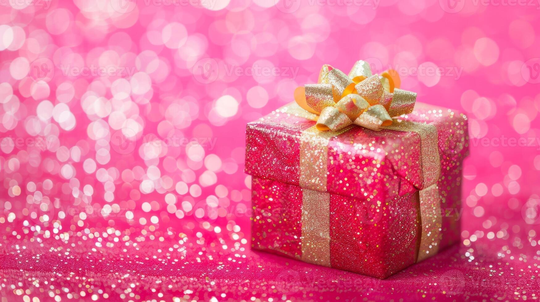 Shiny pink gift box with a golden ribbon is laying on a defocused background photo