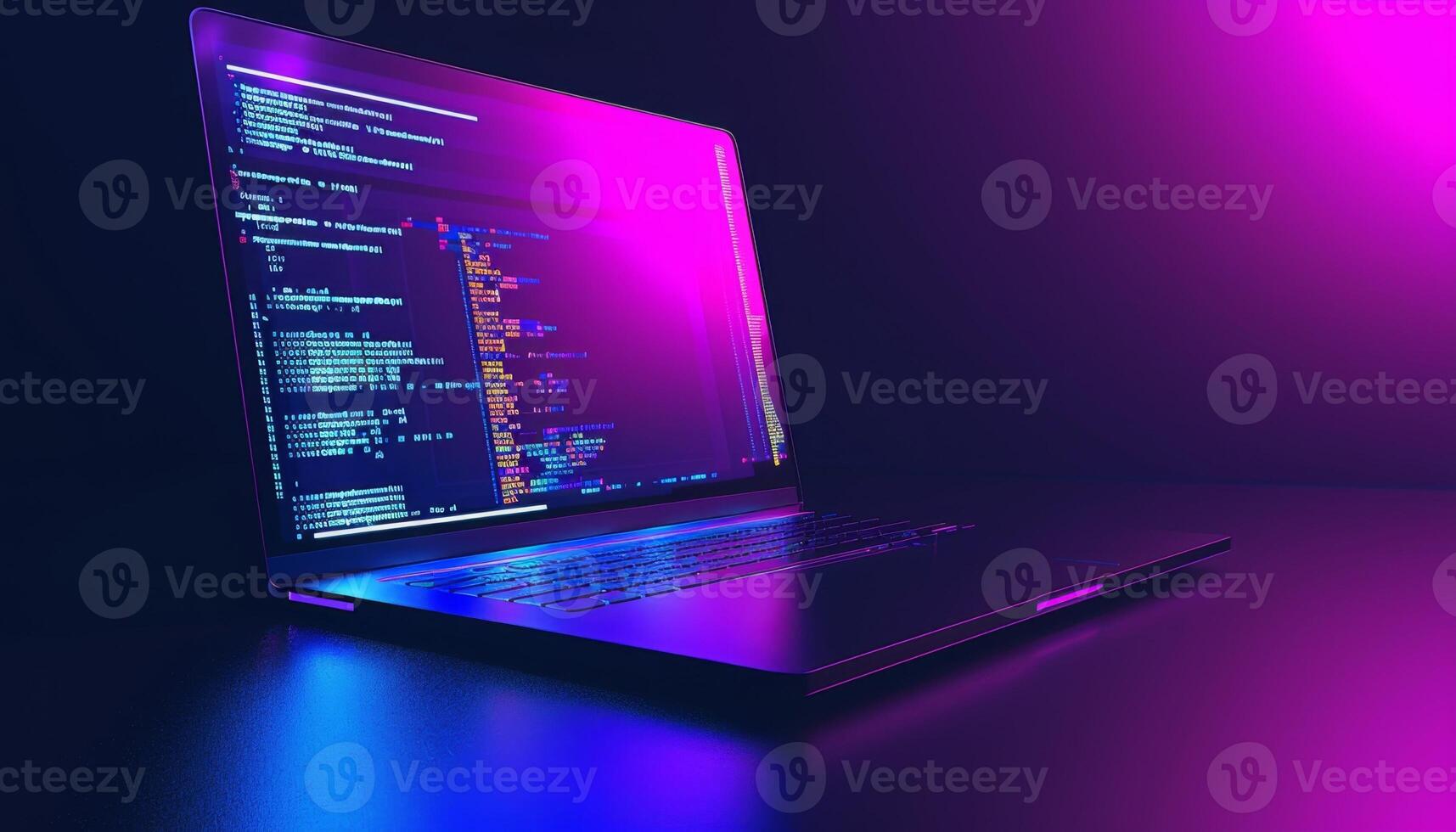 Modern laptop displaying computer code on screen in neon light photo