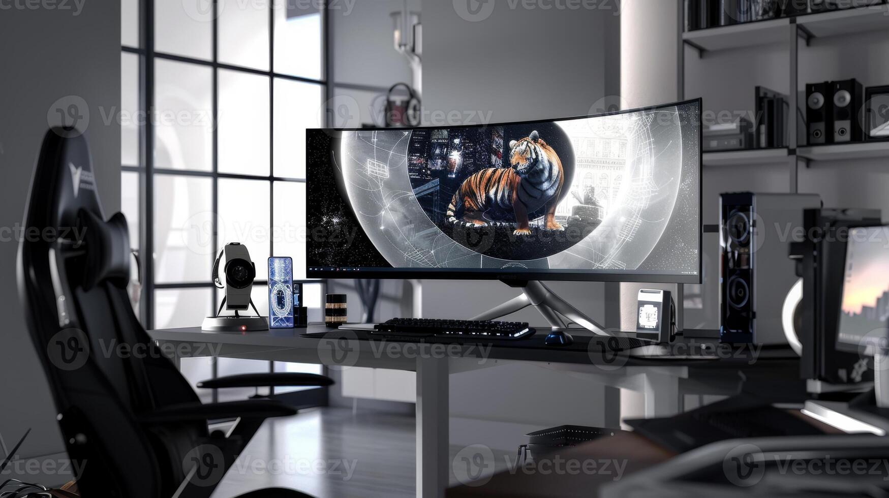 Modern high end computer workstation featuring gaming computer and ultrawide curved monitor photo