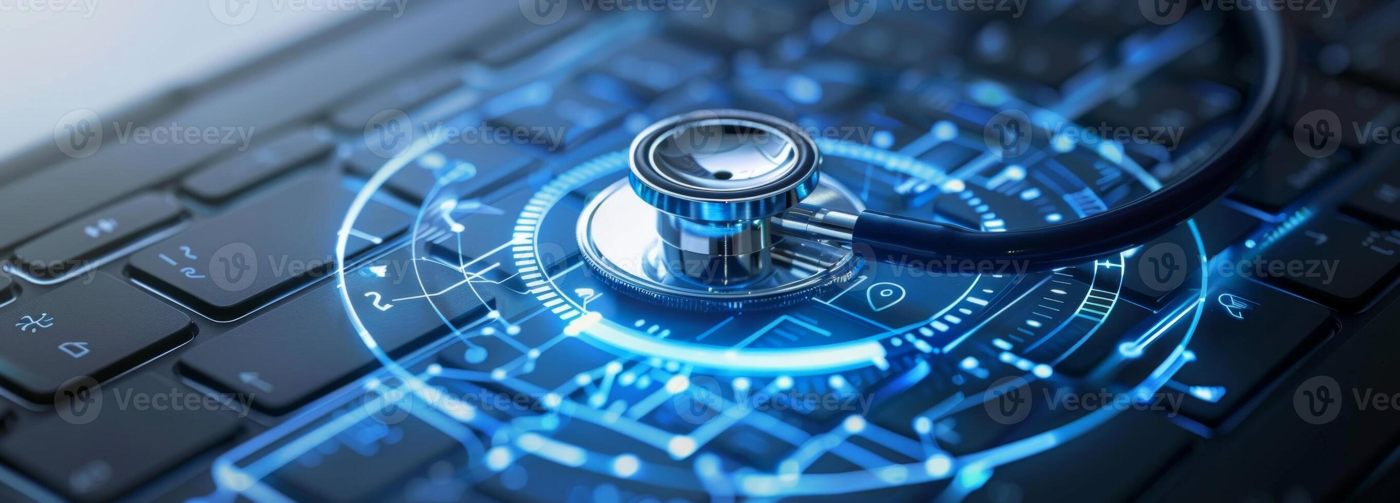 Stethoscope lying on laptop keyboard diagnosing futuristic electronic circuit board photo