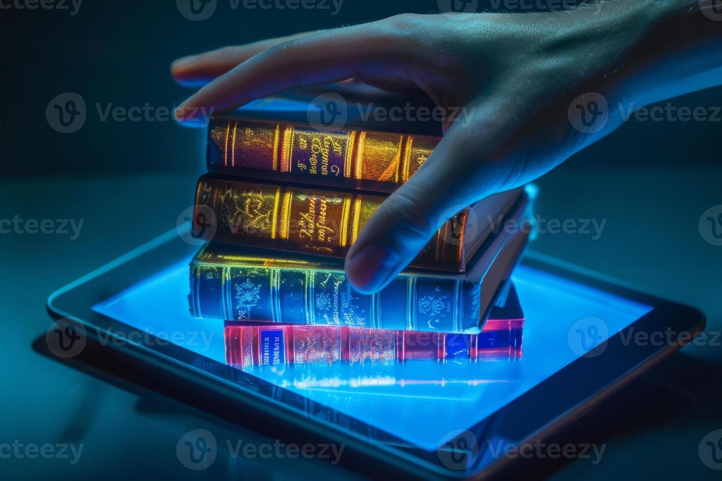 Hand selecting a paper book from a pile of old books on a glowing digital tablet photo