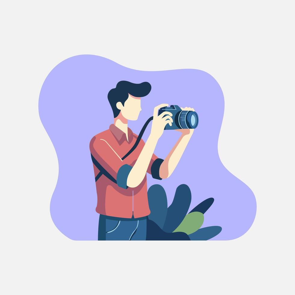 Celebrate World Photography Day with a flat style illustration of a photographer in action vector