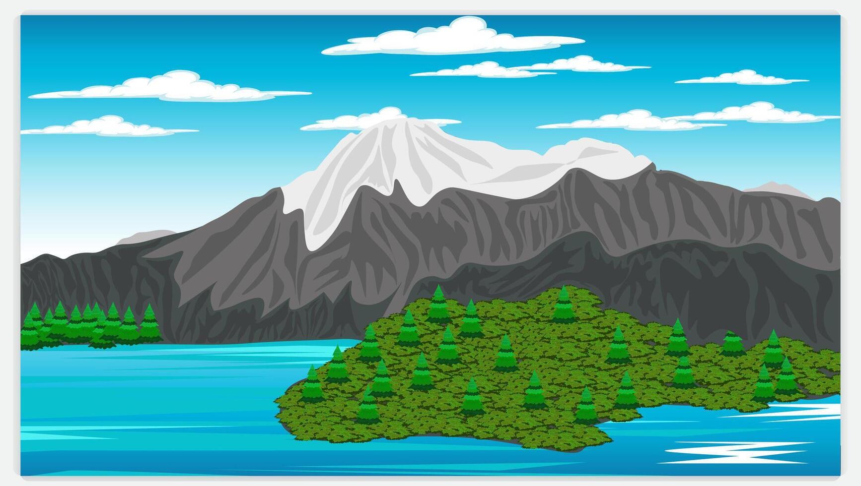 Mountain , Blue Sky reflecting on a lake water beautiful landscape background , design illustration . Landscape, Illustrated with Hills or Mountains, Lake Water,, Blue Background. Nature vector