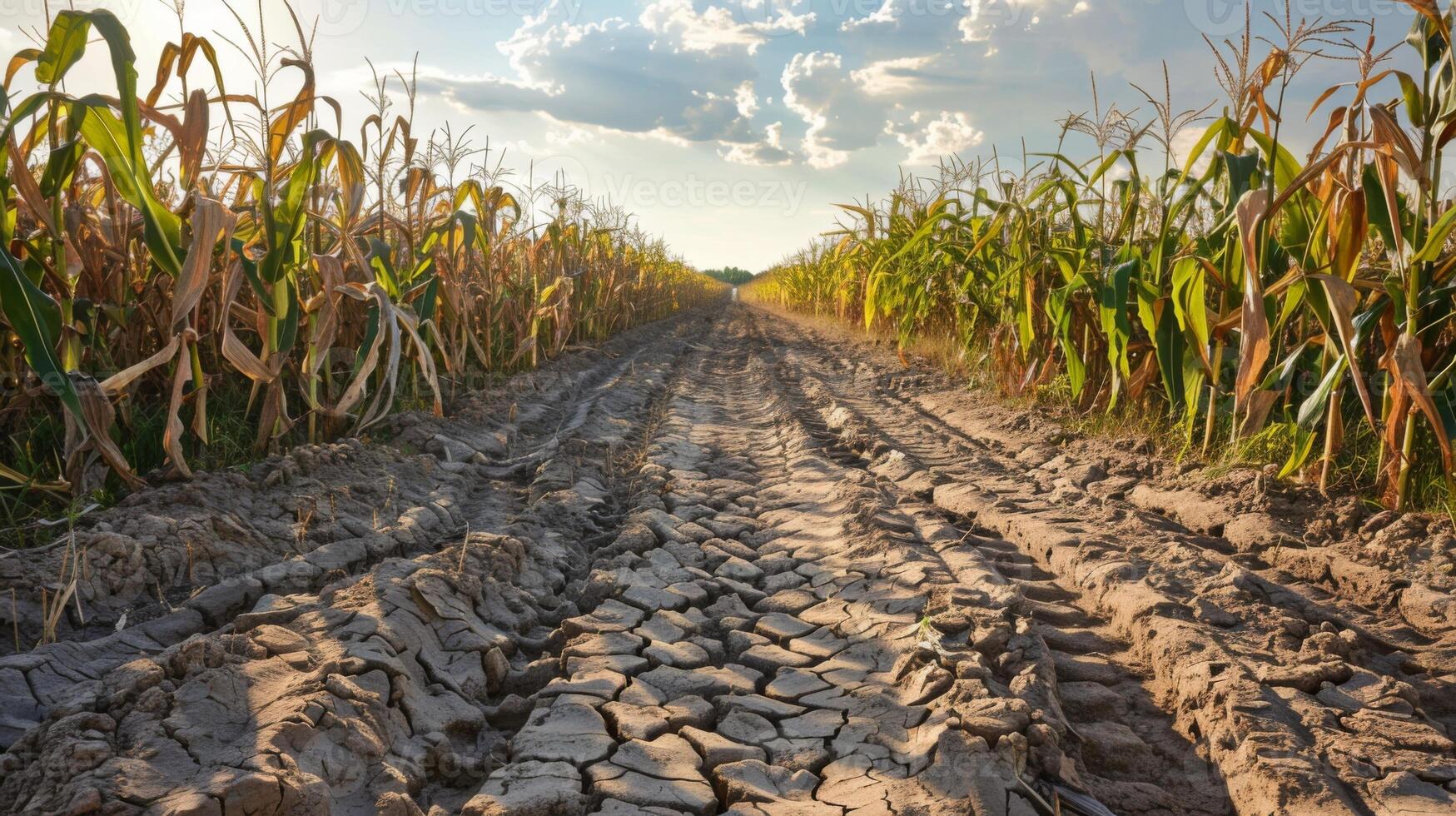 During a drought, dry, cracked soil is spreading through a cornfield photo
