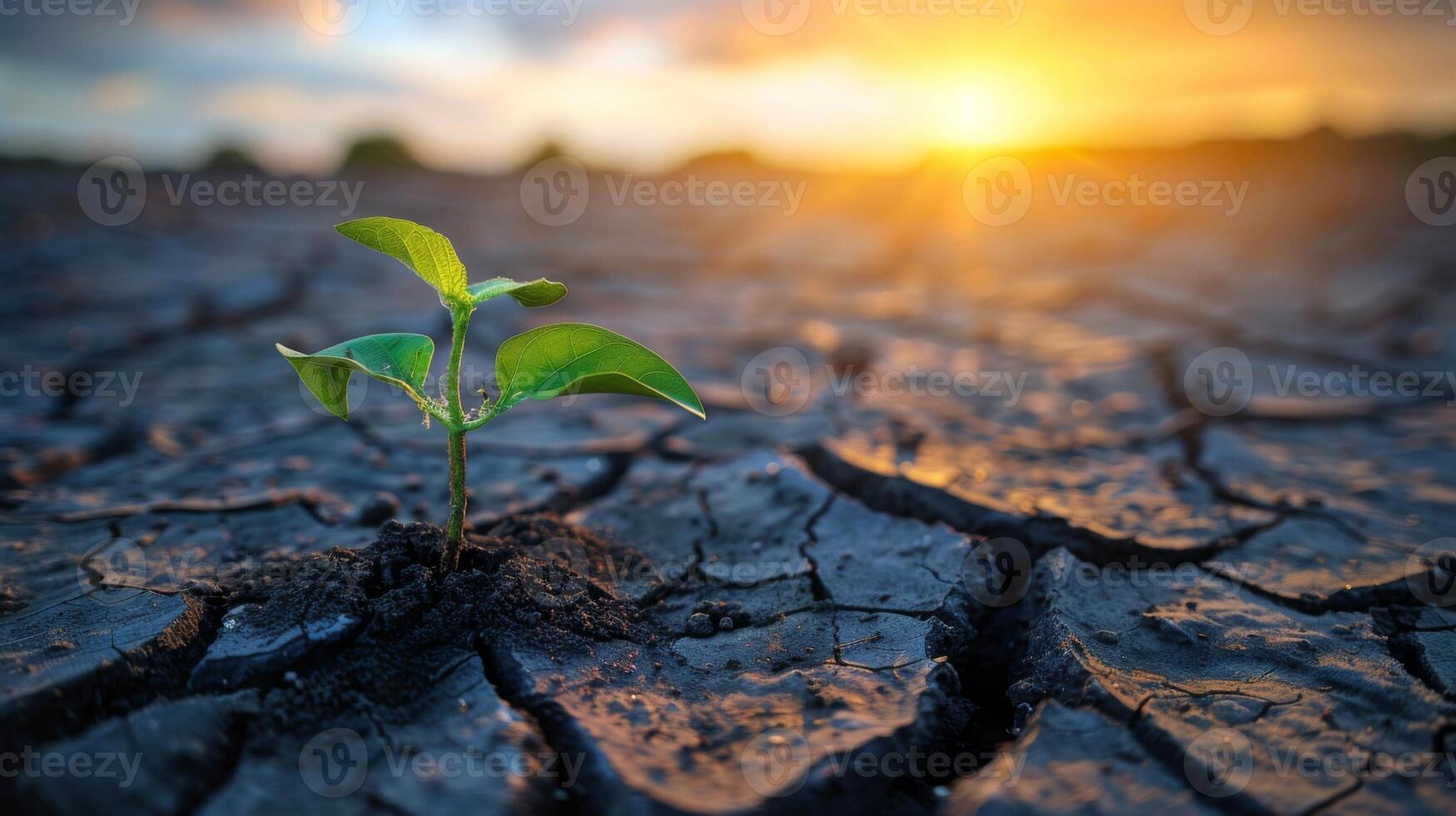 Tiny plant thrives in parched soil, symbolizing optimism and strength amidst environmental challenges photo
