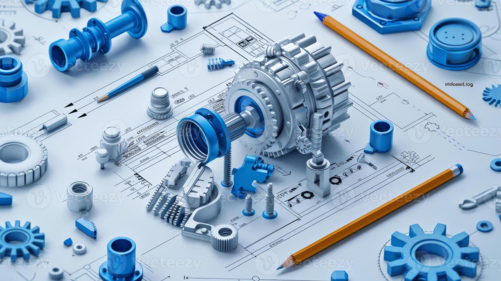 Concept showing the design process of a complex gearbox using a technical blueprint and 3d printed prototypes photo