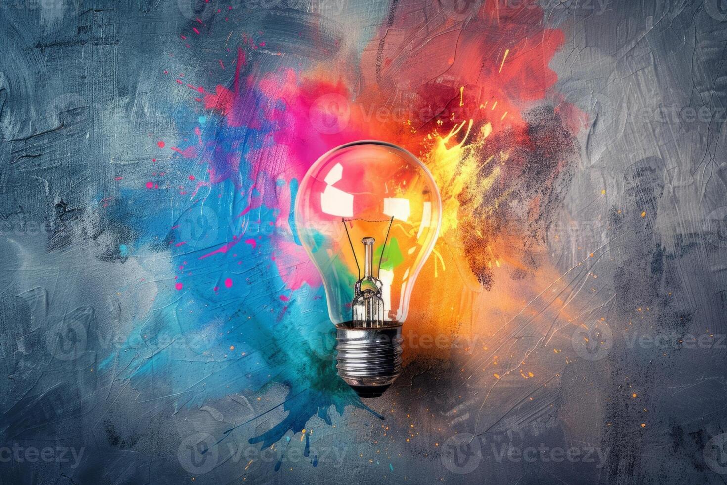 Light bulb is shining on colorful wall, symbolizing creative thinking and new ideas photo