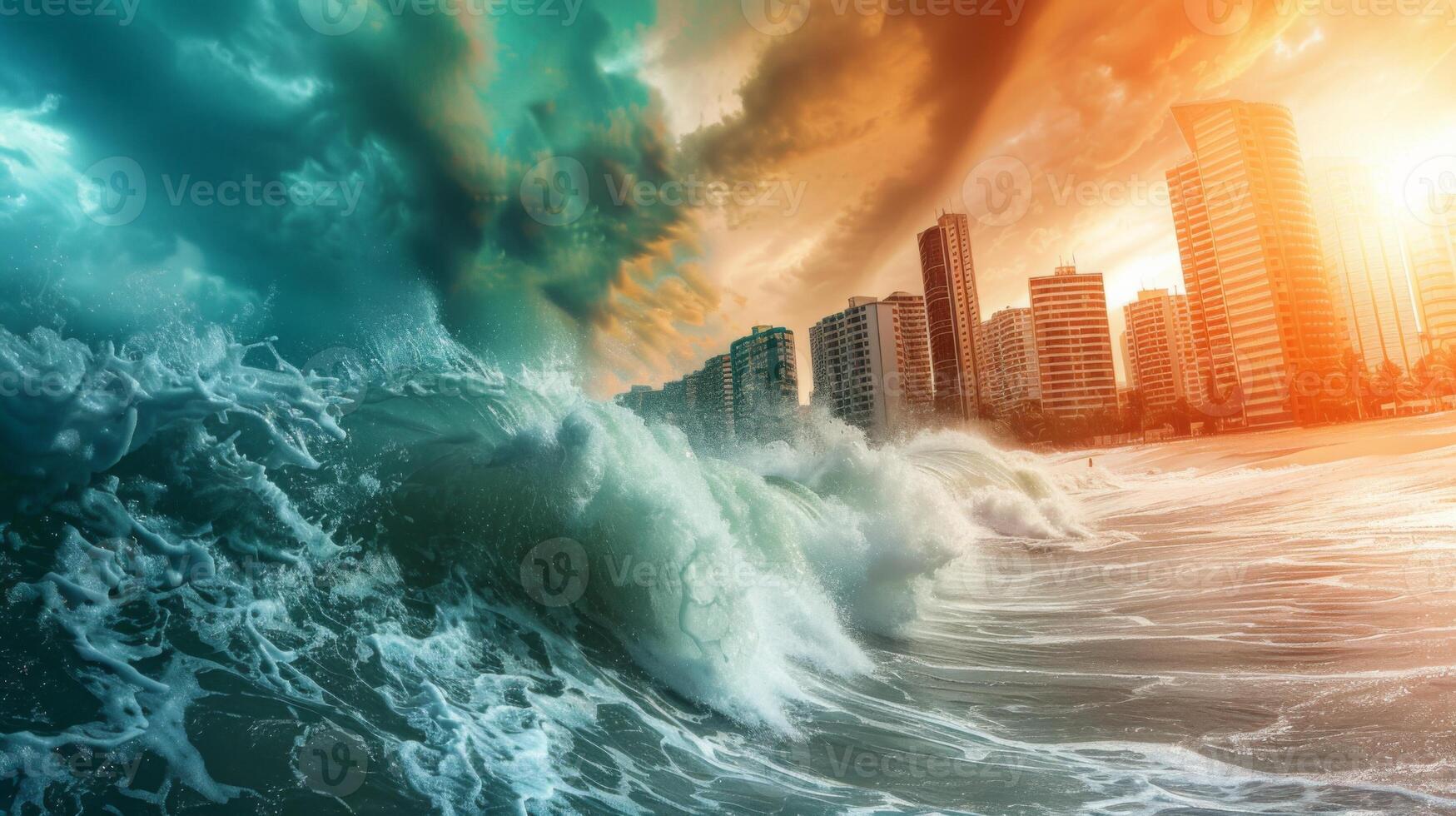 Captivating scene of a colossal wave hitting a coastal town, showcasing the awe inspiring force of nature photo