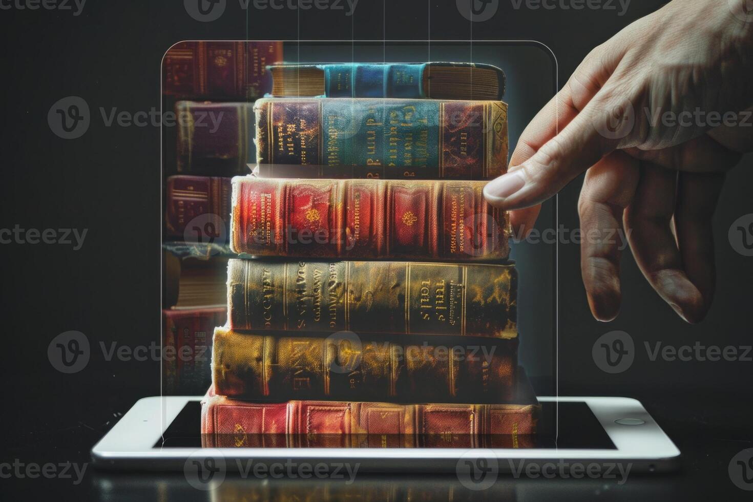 Choosing a vintage book from a holographic tablet display photo