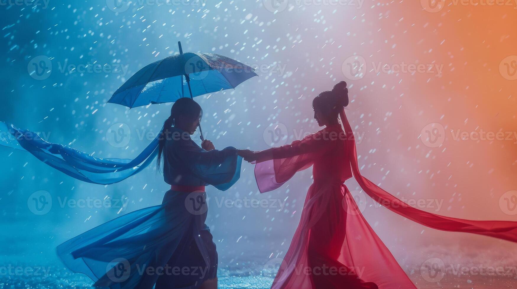 Two dancers in traditional chinese attire performing a dance in the rain with blue and red lighting photo