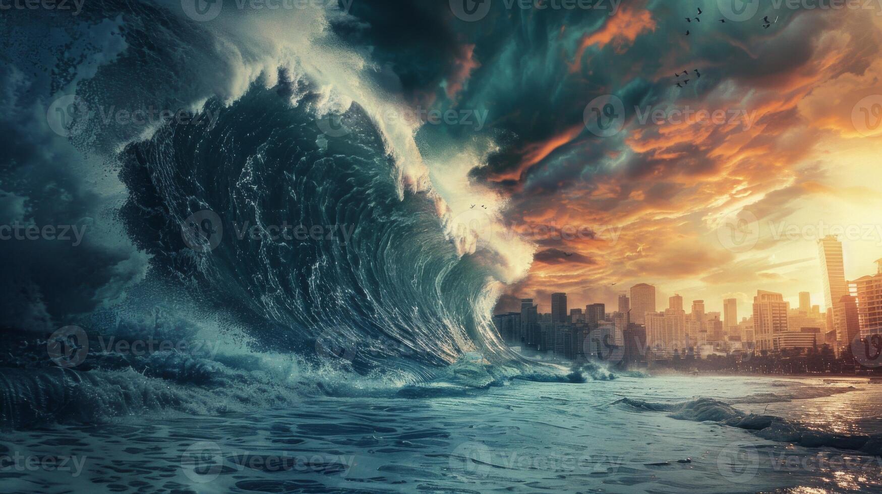 Giant tsunami wave crashing a modern city at sunset, concept of end of the world photo