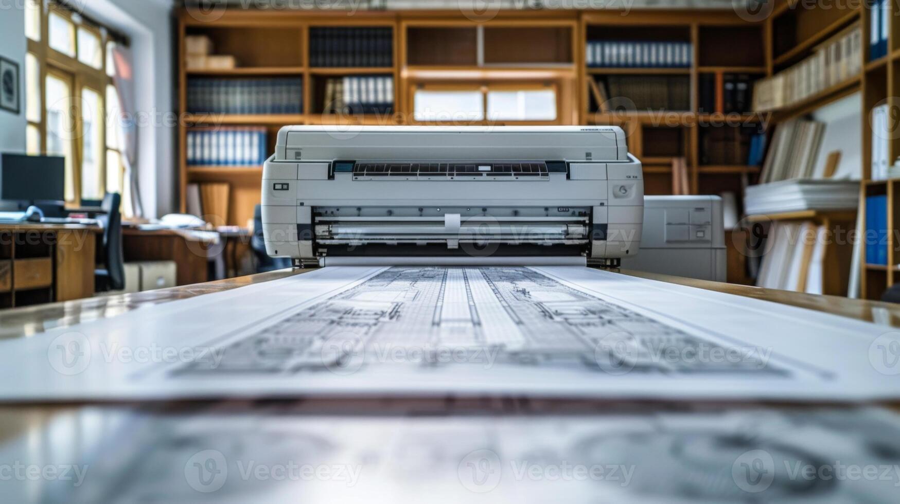 Large format printer is printing architectural plans on a roll of paper photo
