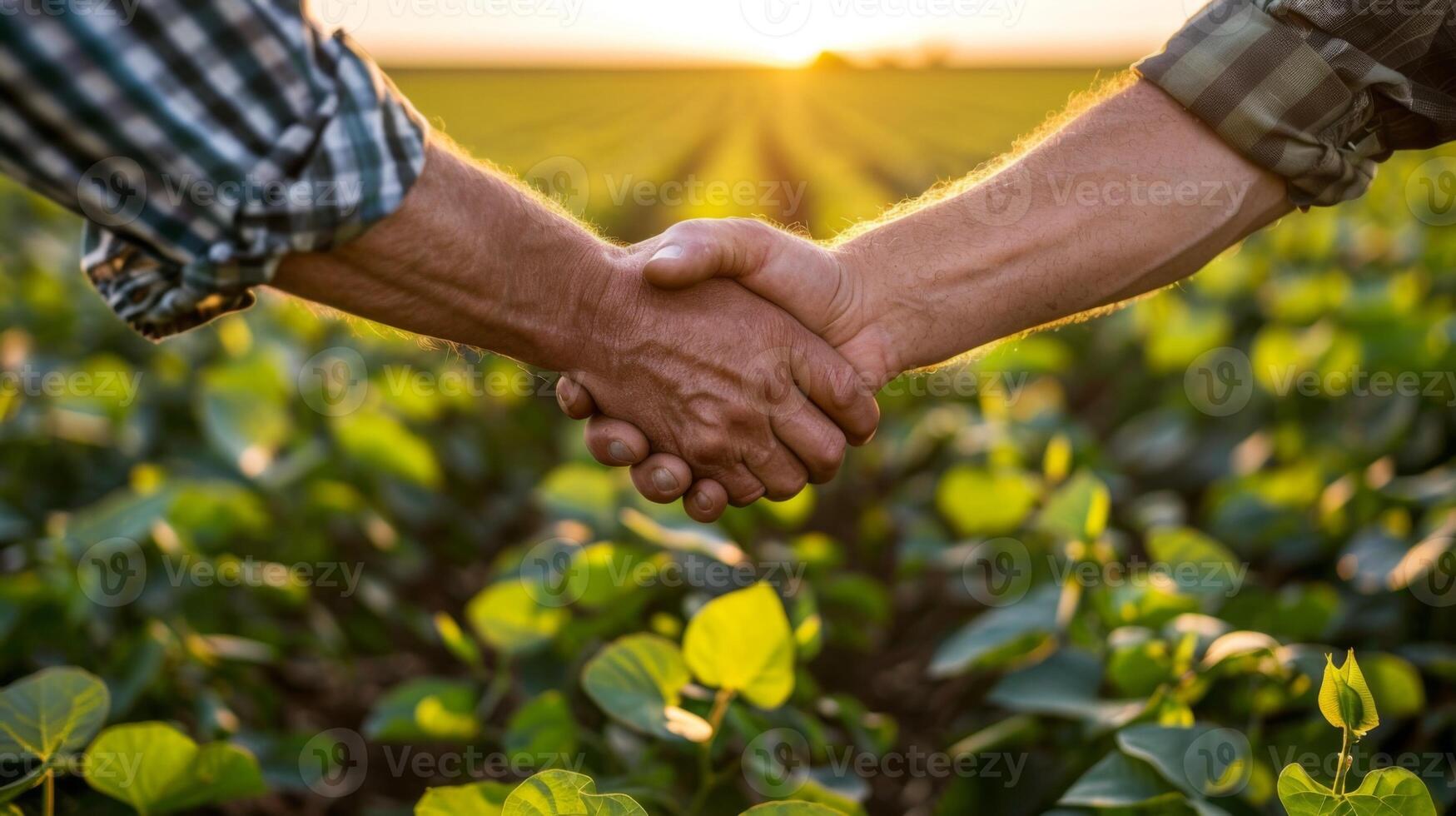 Two farmers embracing in a soy field, rejoicing in a bountiful harvest photo