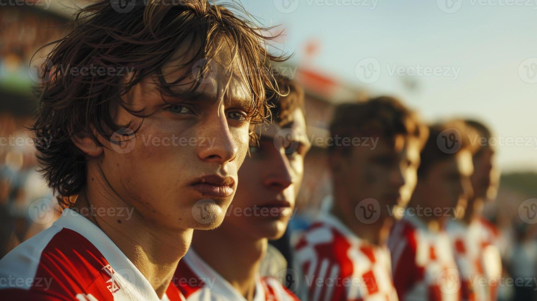 Team of young footballers in red and white uniforms observing a match at the stadium photo