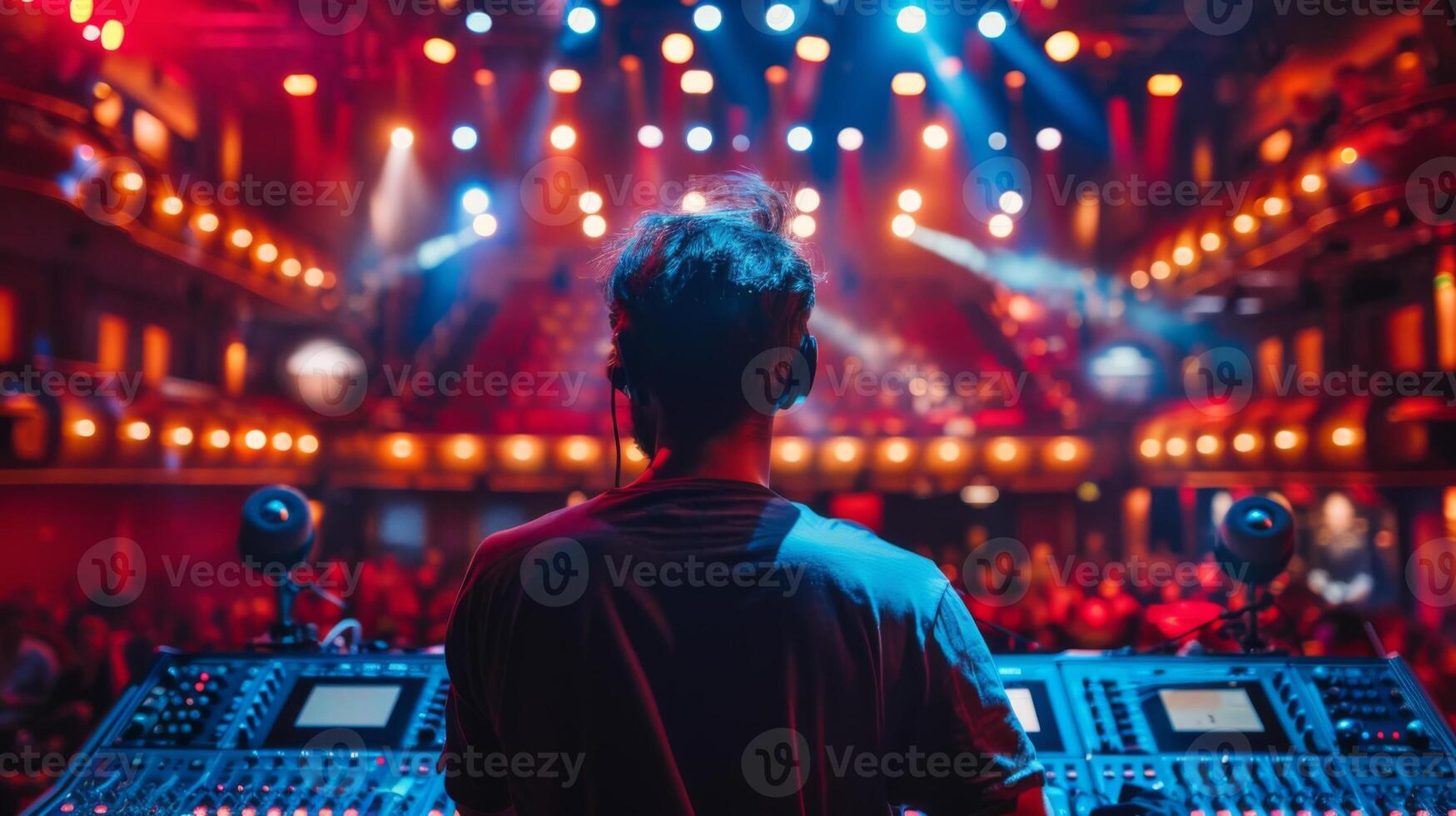Audio engineer manipulating audio levels on a digital mixing console during a live performance photo