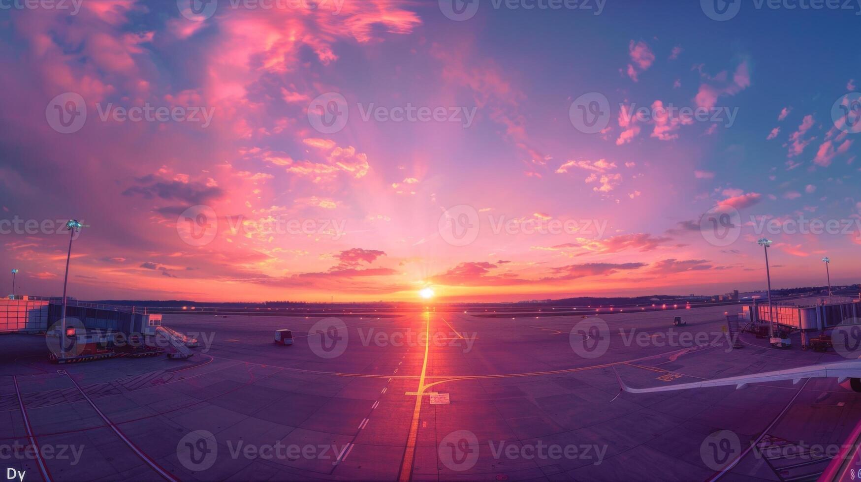 Empty airport runway at sunset, with long shadows cast by the terminal and airplane in the foreground photo