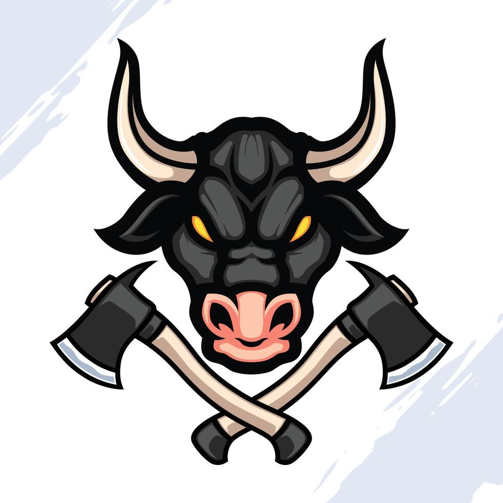 Dark Bull Head Mascot with Crossed Axe vector