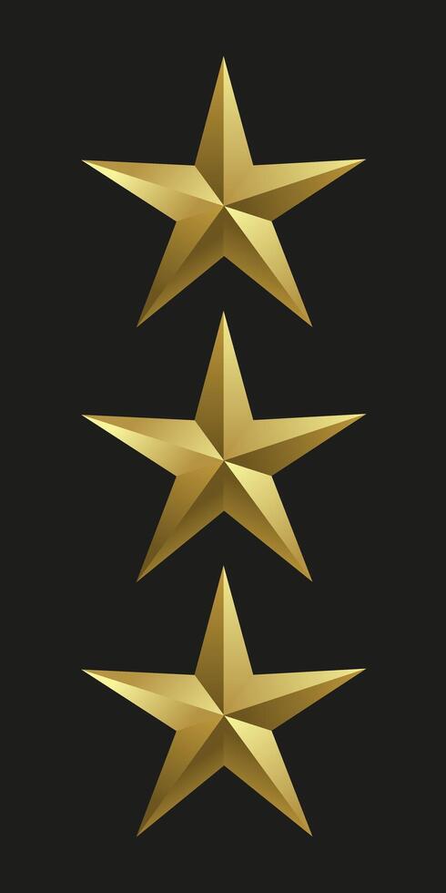 Set of three Realistic golden star in 3D metal luxury awards. Shiny gold marks and review symbols. Metallic badges set of best quality , illustration vector