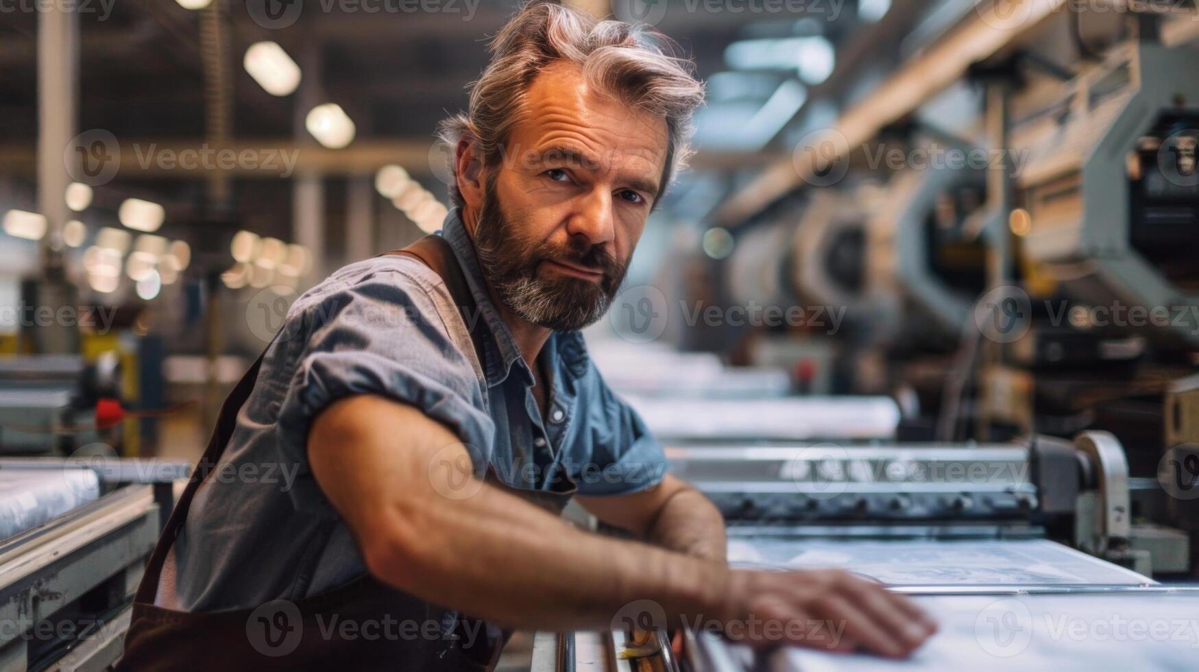 Worker in a blue shirt and brown apron inspects a printing machine in a vast industrial printing facility photo
