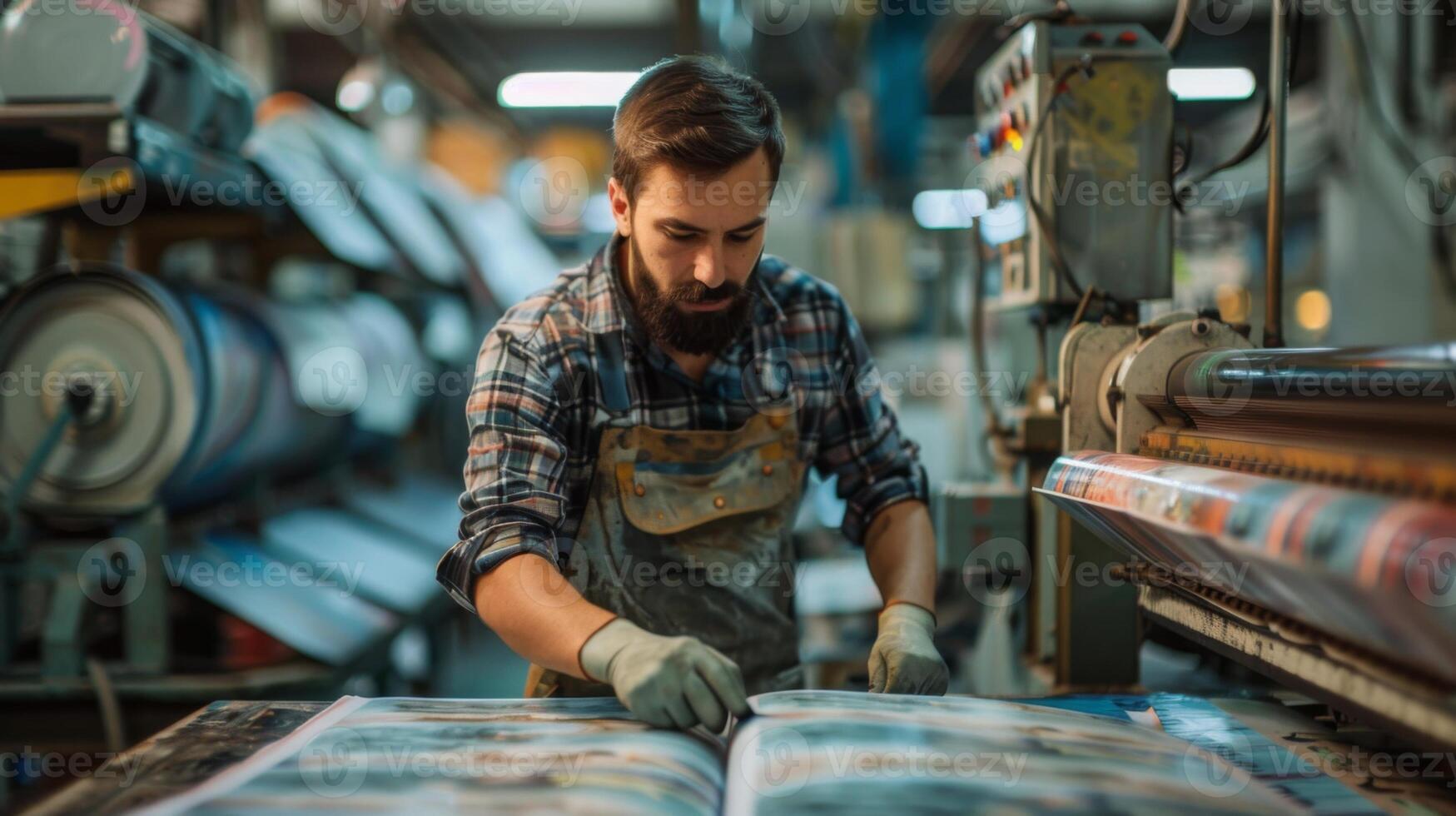 Printer in an apron and gloves carefully inspecting a print for quality in a printing factory photo