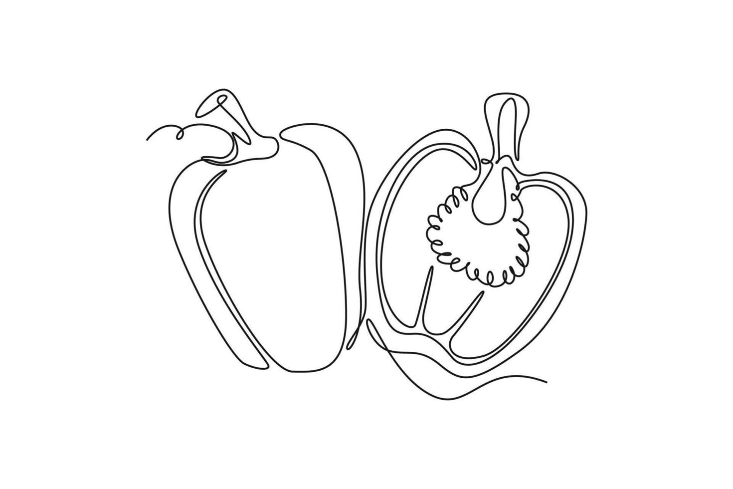 Continuous one line drawing of whole and half sliced healthy organic bell pepper for farm logo identity. Fresh paprika concept for vegetable icon. Single line draw design graphic illustration vector