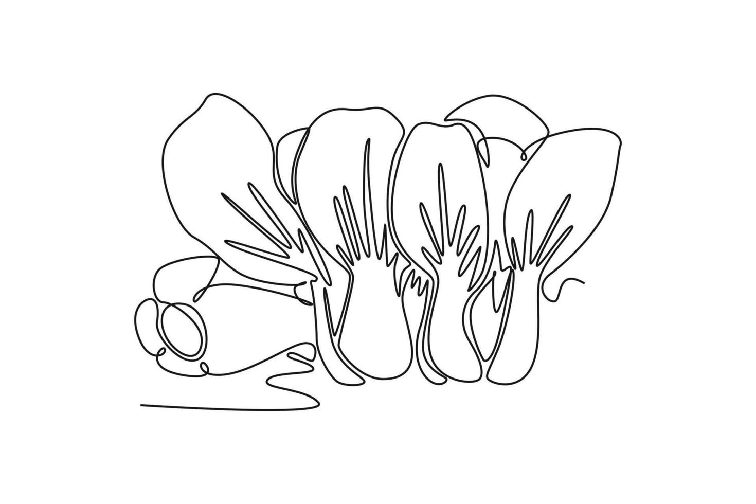 Single continuous line drawing of whole healthy organic green bok choy for farm logo identity. Fresh Chinese pakchoy leaves concept for vegetable icon. One line draw graphic design illustration vector