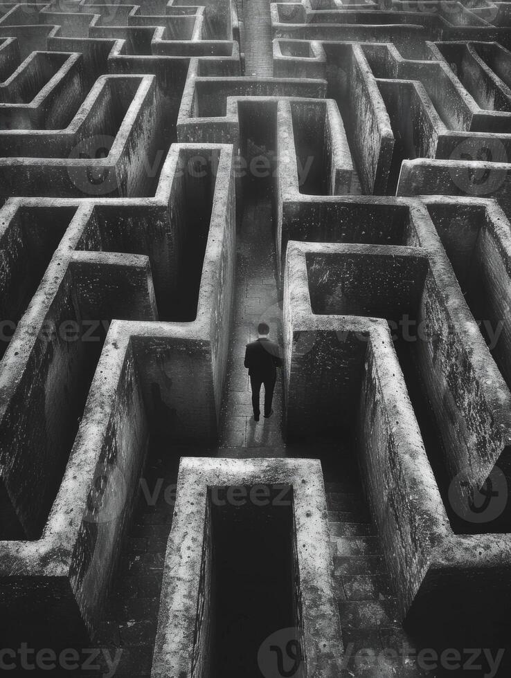 Lone businessman navigating a large concrete labyrinth photo