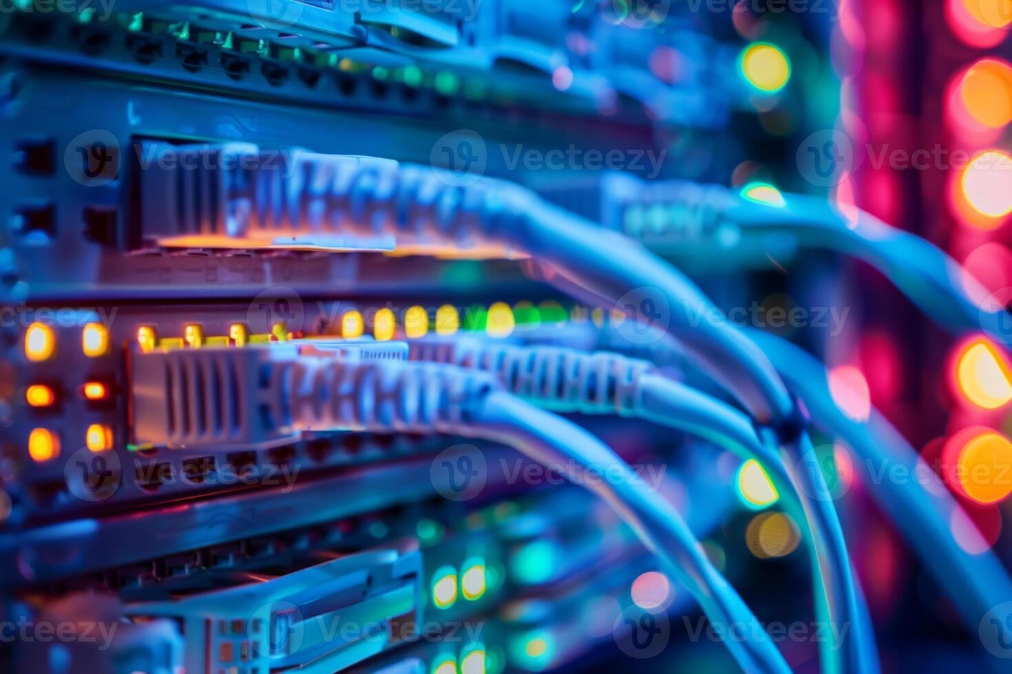 Network cables plugged into server with blue and red lights in background photo