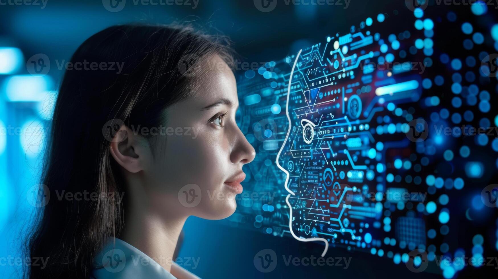 Businesswoman observing a holographic projection of artificial intelligence in a modern workspace photo