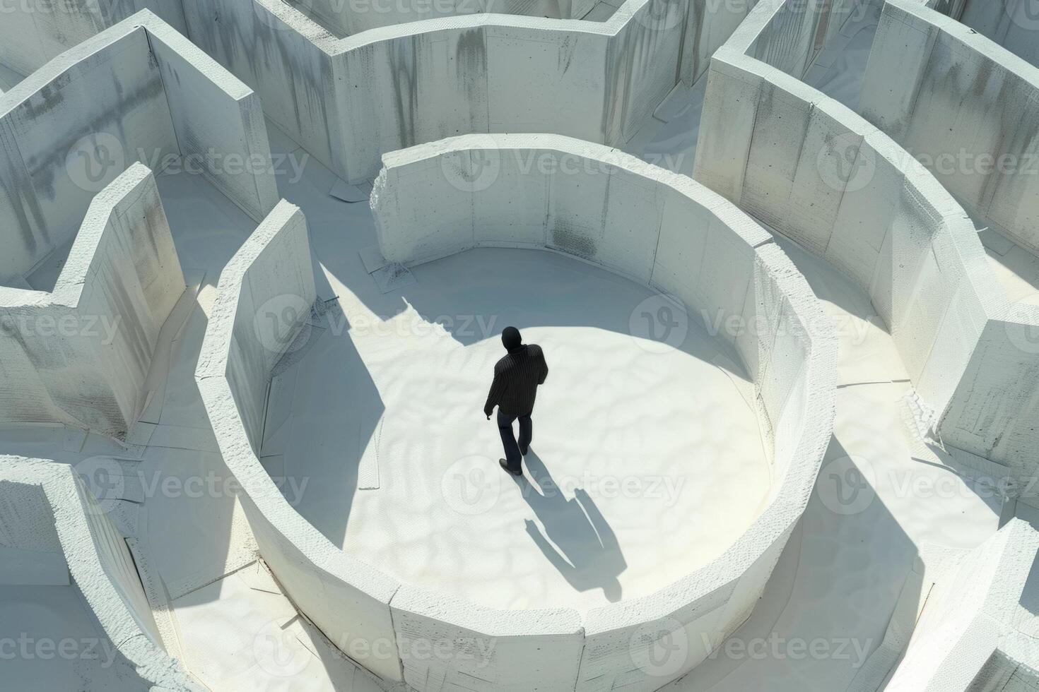Aerial view of a businessman walking through a difficult maze made of white concrete walls photo