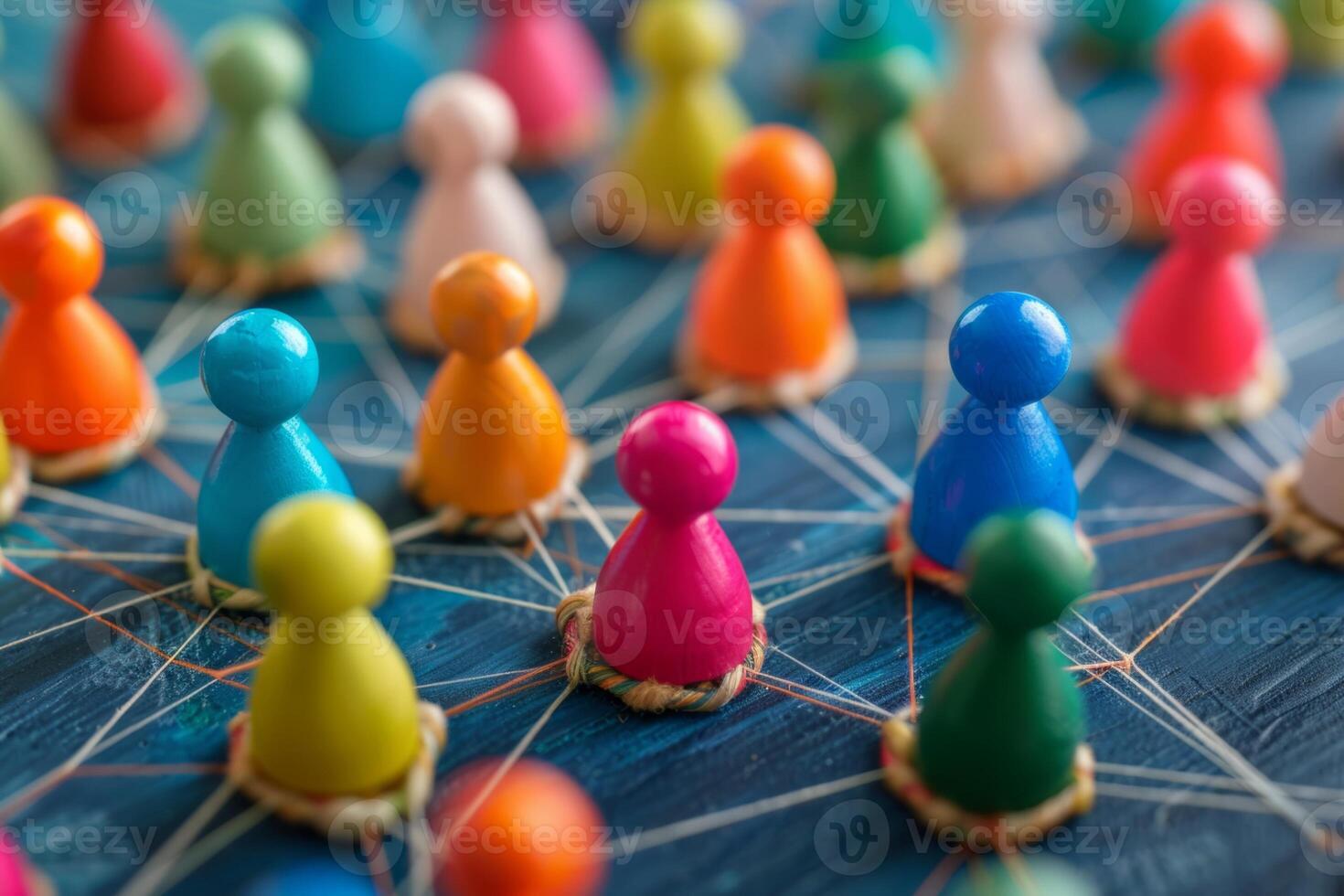 Colorful pawns connected with string on a blue tabletop symbolizing networking photo