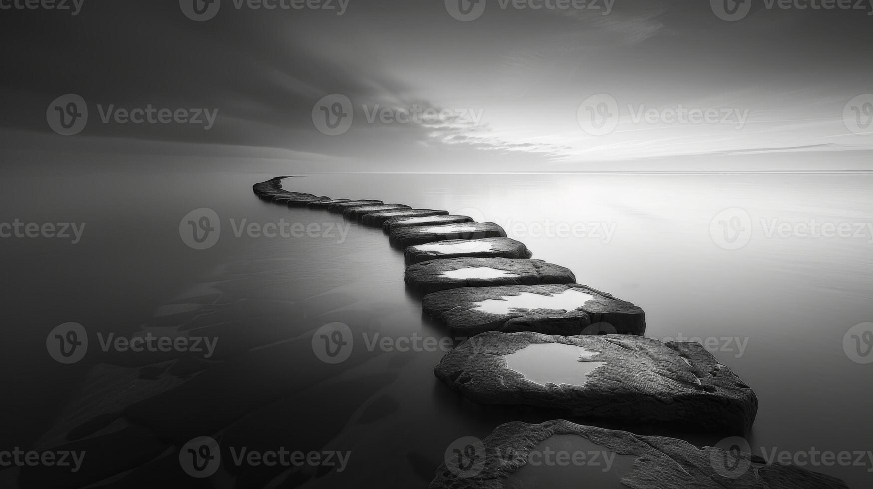 Tranquil sunset ocean landscape with rocks fading into the horizon in black and white photo
