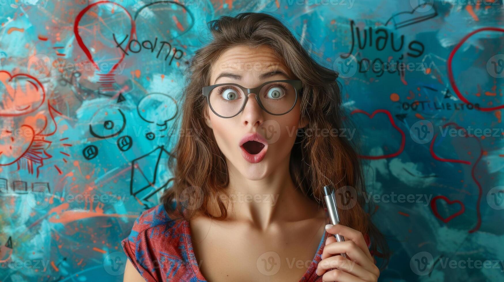 Surprised young woman holding a pen in front of a blue wall with drawings photo
