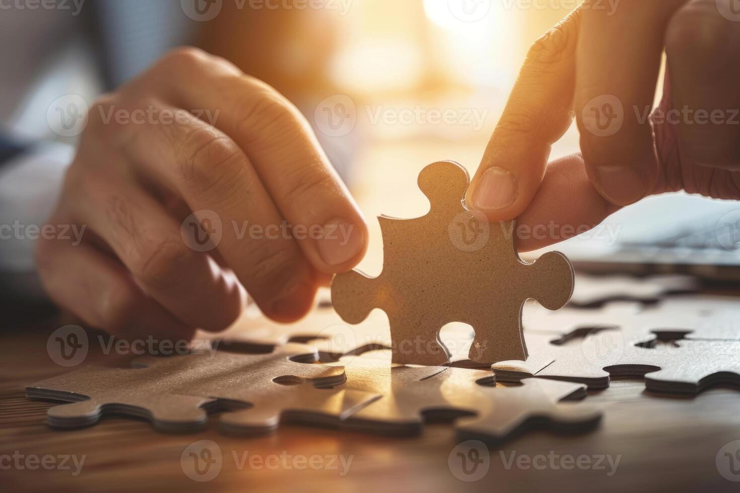 Businessman is holding a puzzle piece over a table, concept of solution and problem solving photo