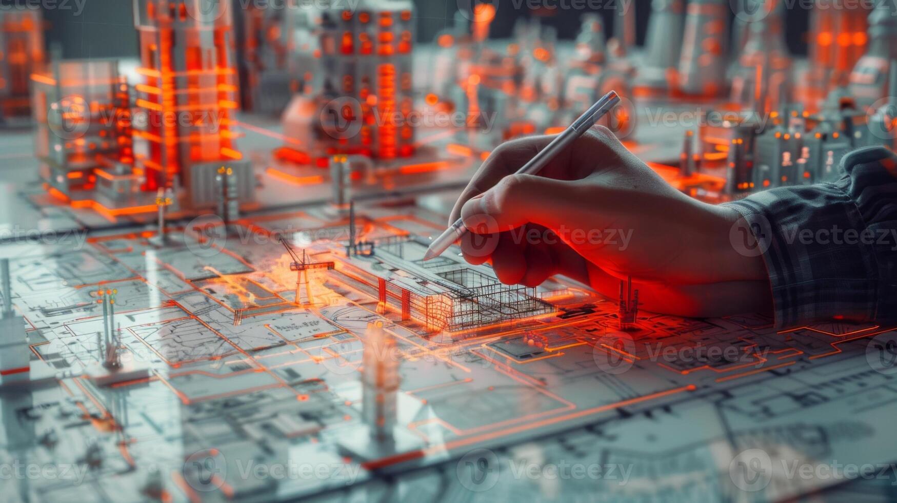 Architect utilizes digital pen to create futuristic city on architectural sketch photo
