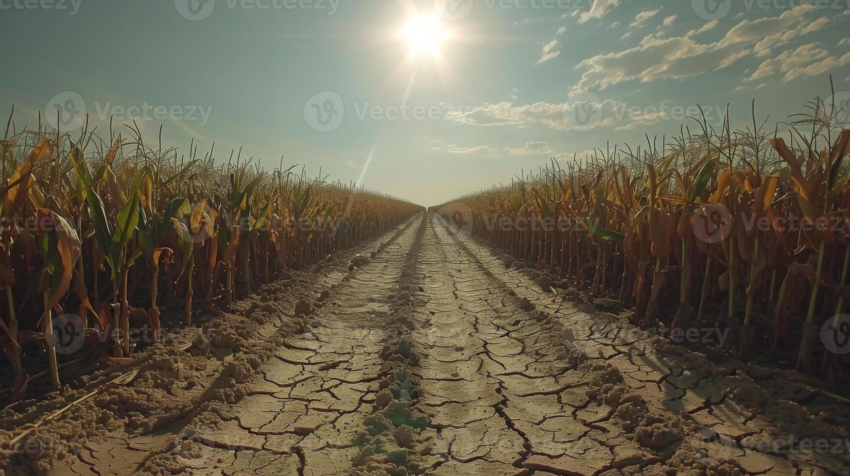 Dry cracked earth is causing stress on a corn crop during a heatwave photo