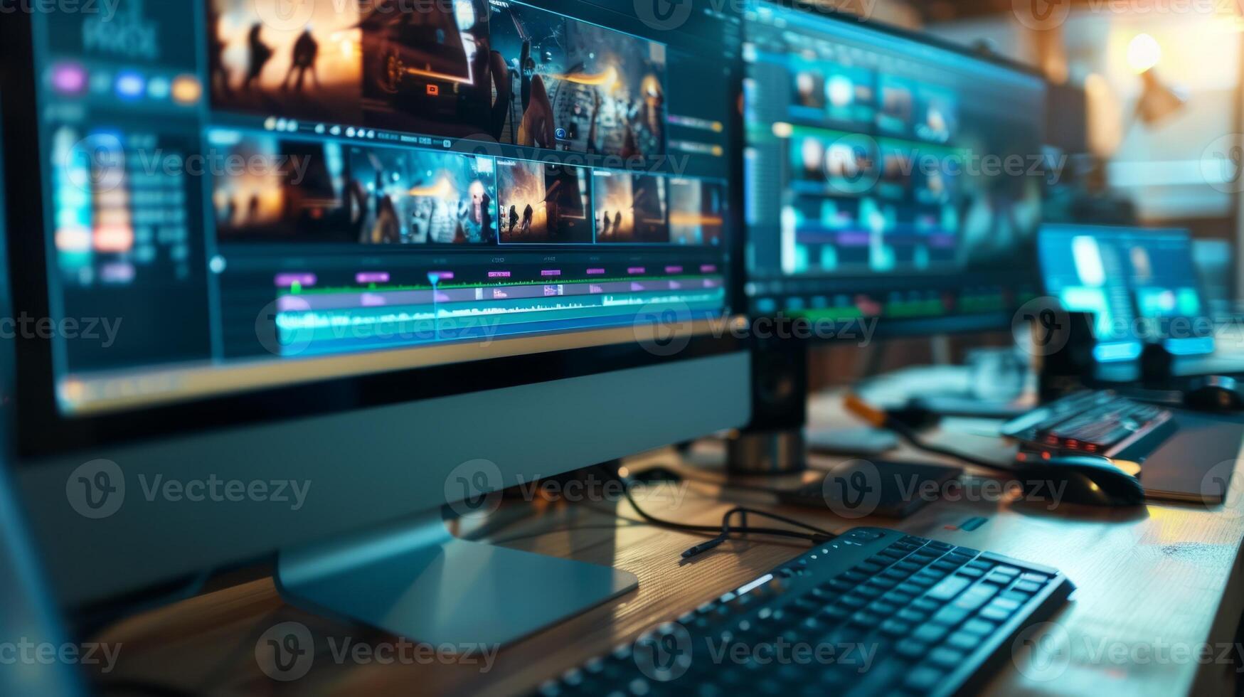 Workplace of a editor using professional software to edit a movie photo