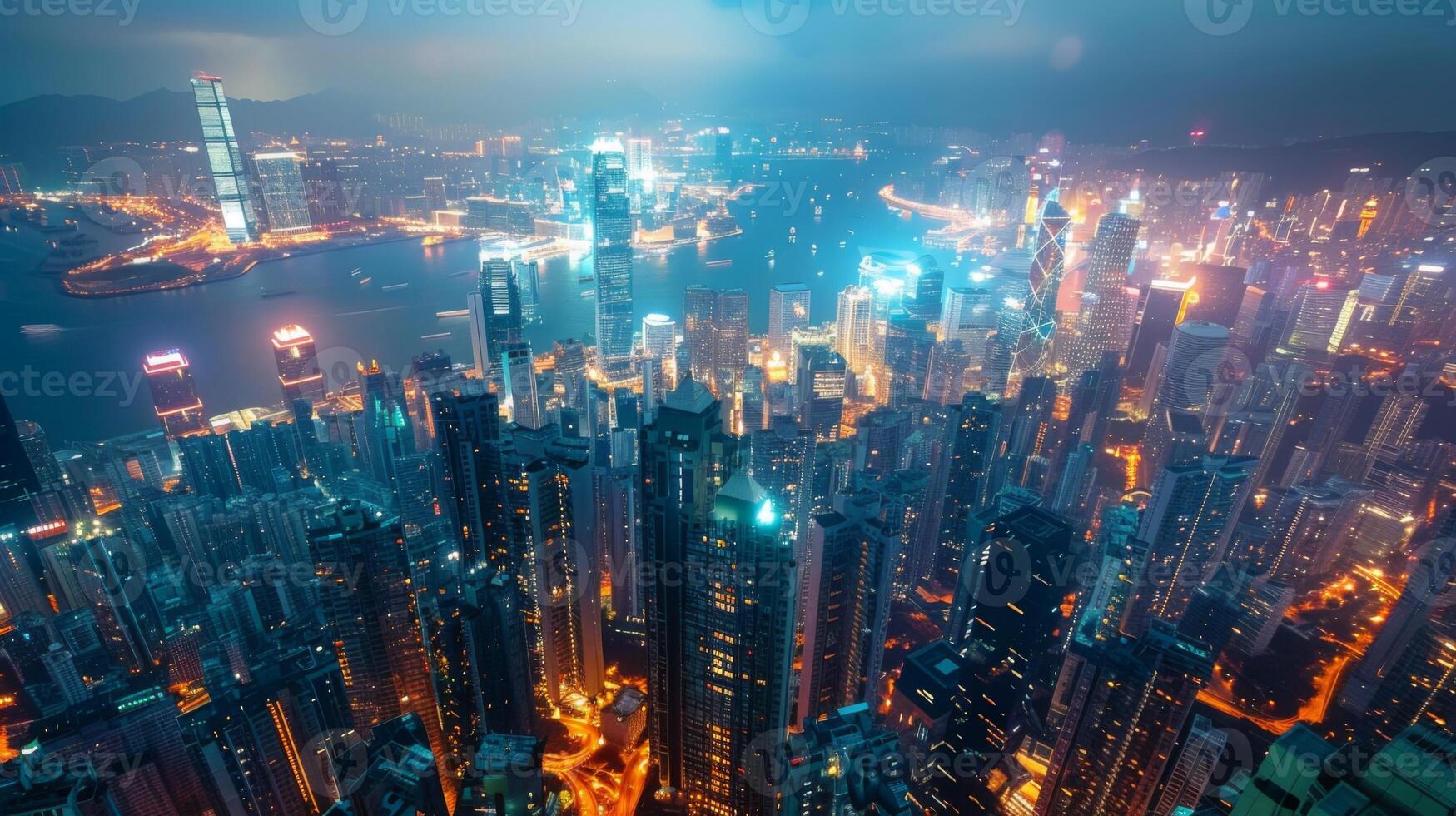 Glowing with vibrant city lights at night, the hong kong skyline displays a stunning showcase of modern architecture photo
