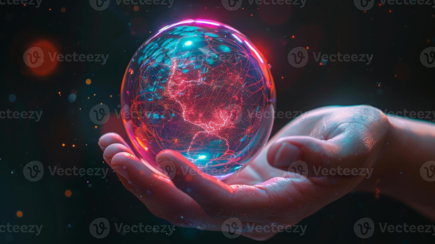 Person holding a glowing globe with network connections, symbolizing global communication and technology photo